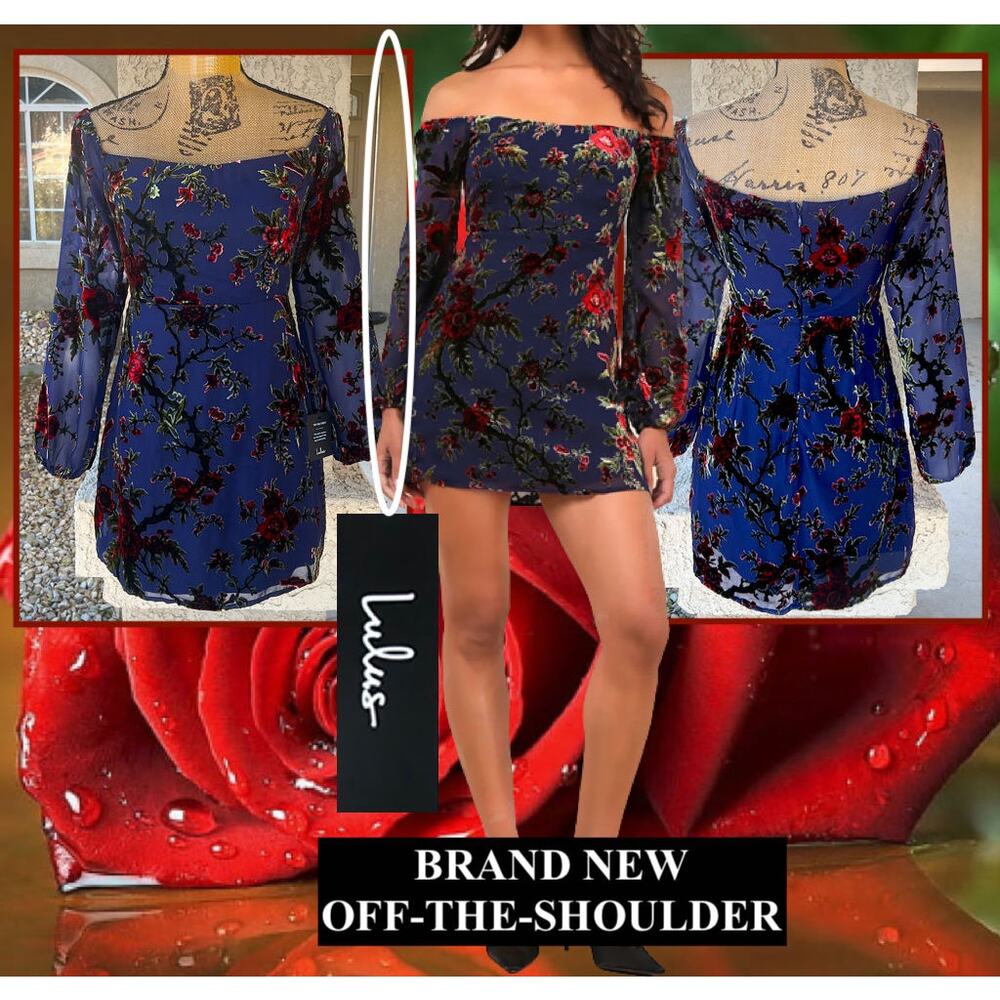Lulus Magnificent Charm Navy Floral Burnout Velvet Off-the-Shoulder Dress Siz S